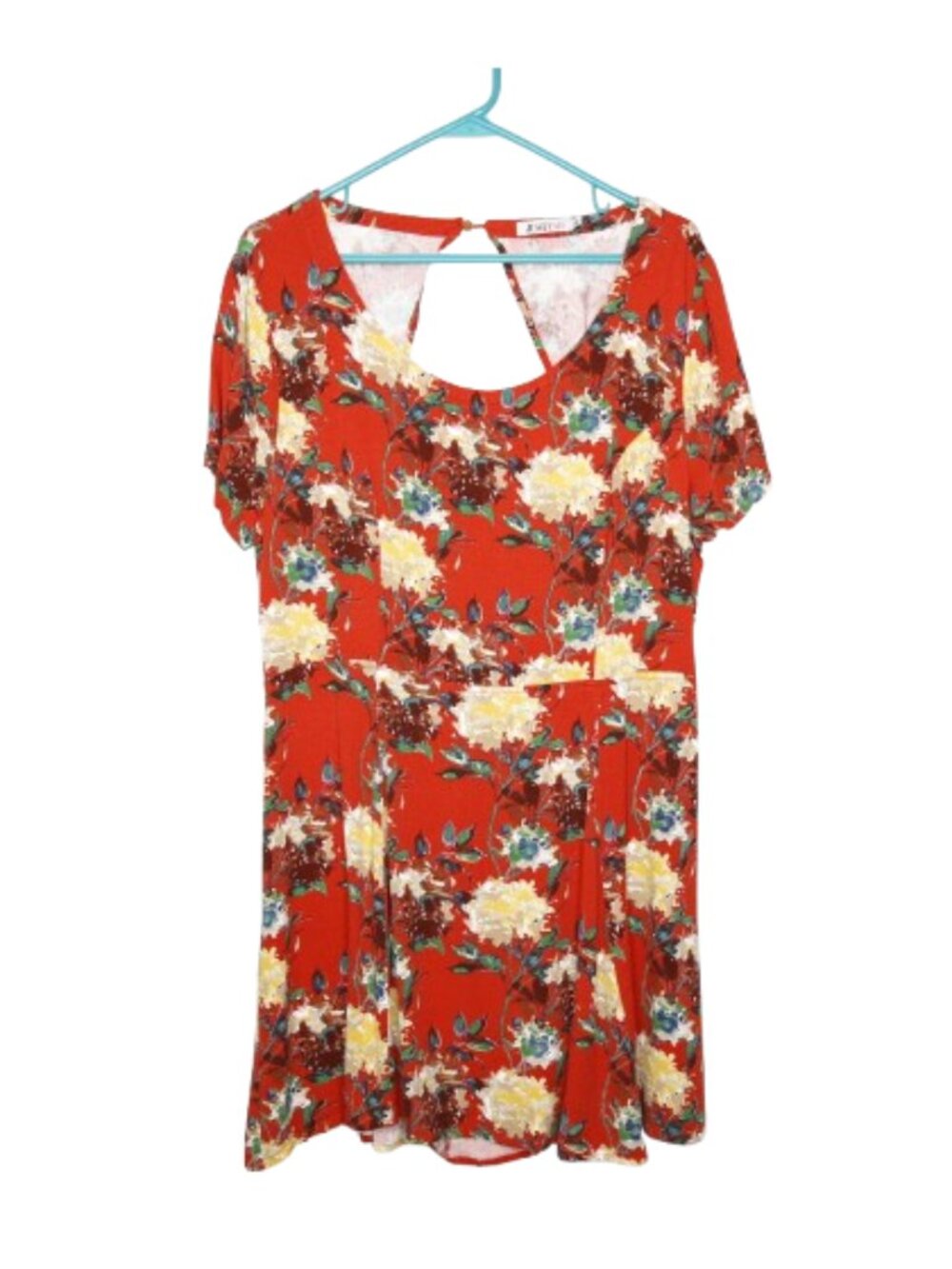 JustFab Red & Yellow Floral Short Sleeve Open Back Peplum Tunic Blouse - XL